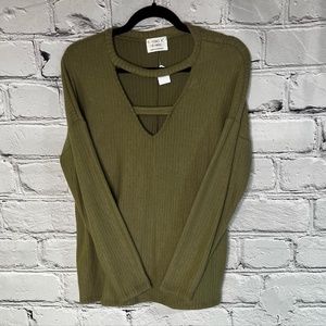 Olive Green Cutout V Neck Sweater
